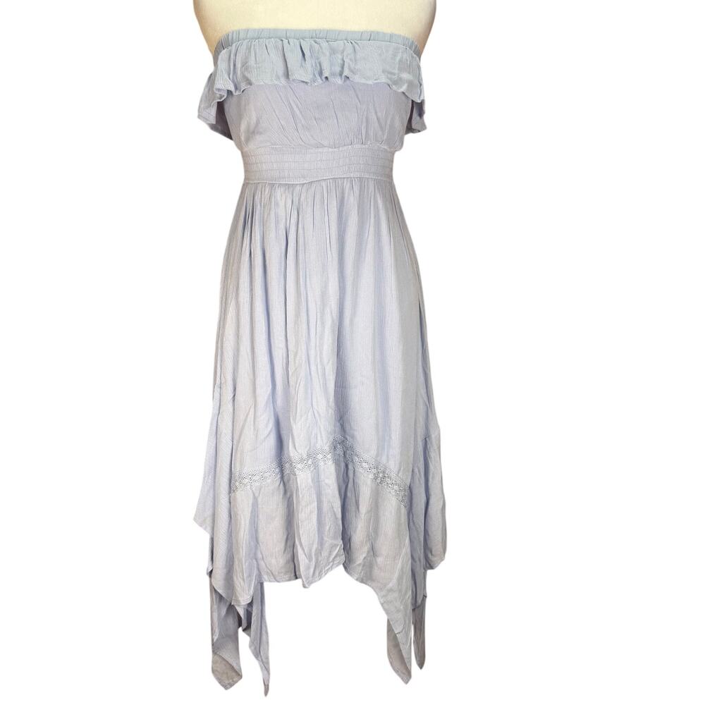 rue 21 juniors MEDIUM periwinkle blue strapless asymmetric hem midi dress NWOT